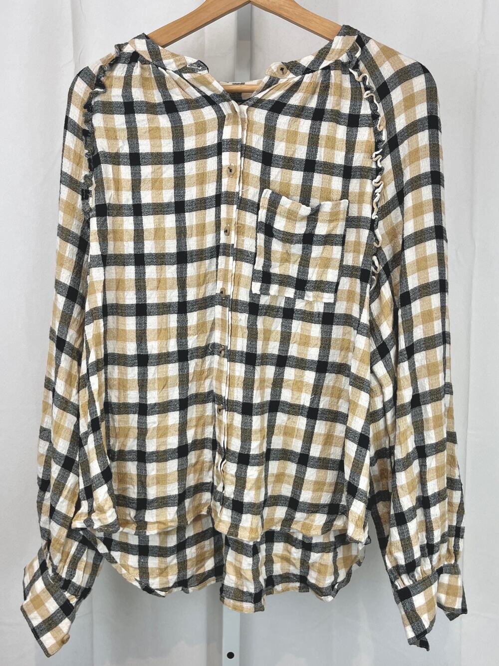 PILCRO Anthropologie Plaid Ruffle Button Down Long Sleeve Shirt Beige Black 1X